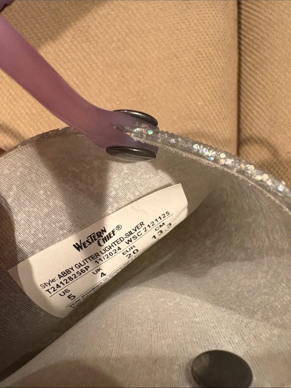 Western Chief Silver Glitter Kids Rain Boots with Lilac Handles